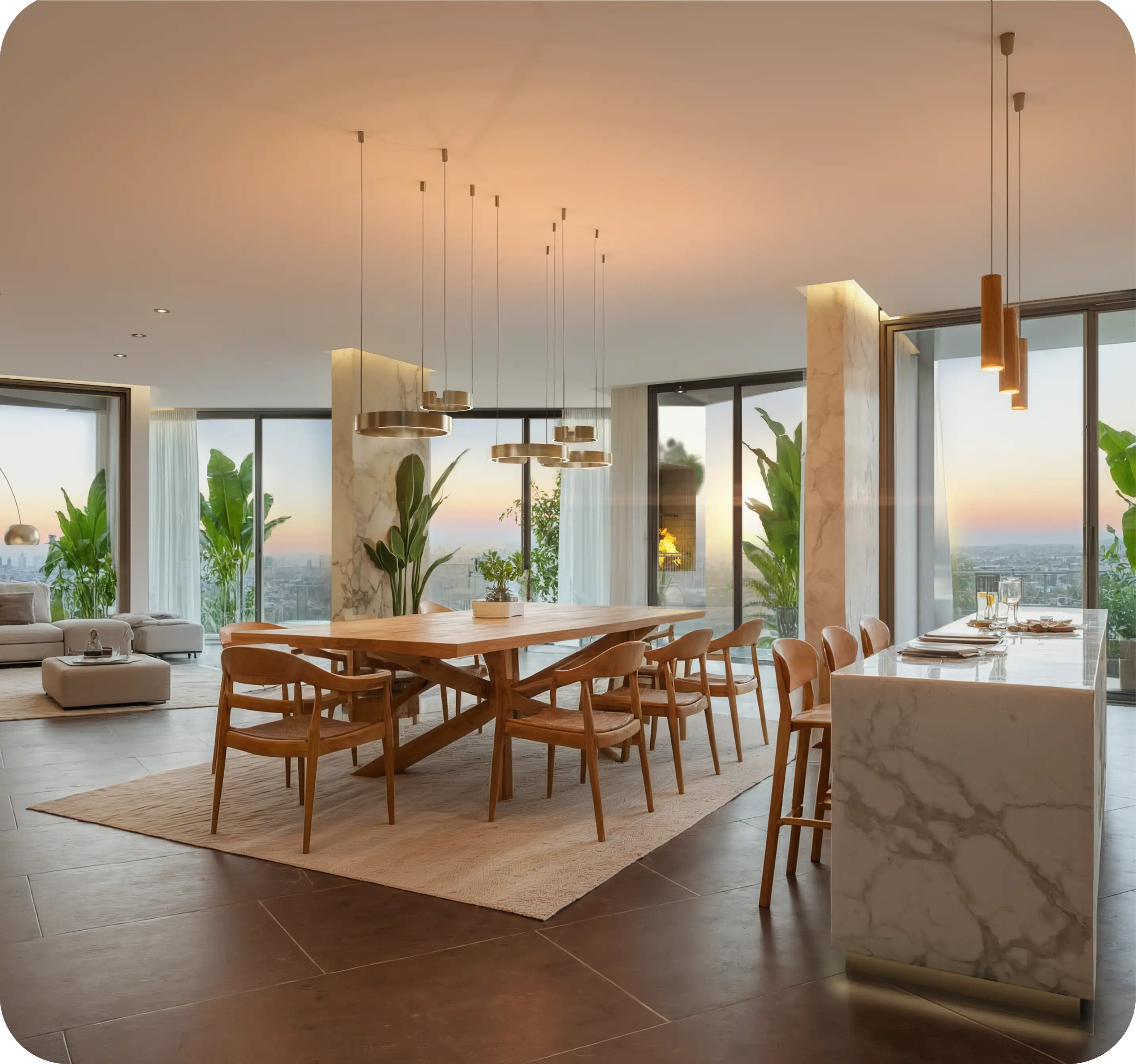 Dining area at sunset with city view