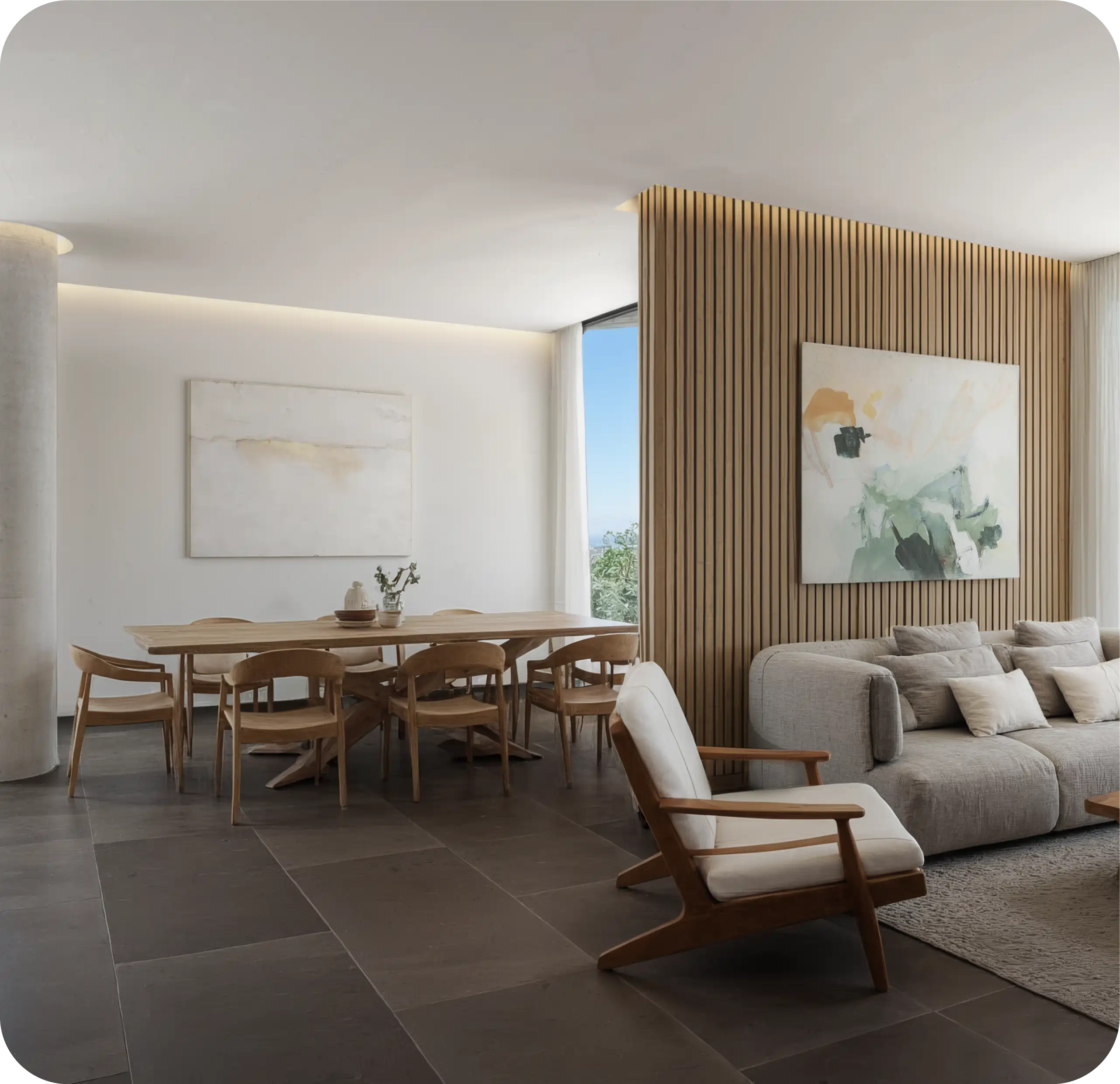 Interior space with wood panels and art